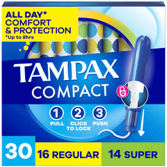 Tampax Compact Pearl pull-pusher action for easy on-the-go protection.