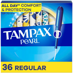 Tampax Pearl packaging shows unscented 36-count protection for daily use.