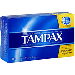 Tampax Regular tampons with flushable cardboard applicator in package highlights convenient disposal.