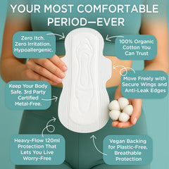 Tampon Tribe organic cotton pad with 120 ml absorbency for nighttime protection.