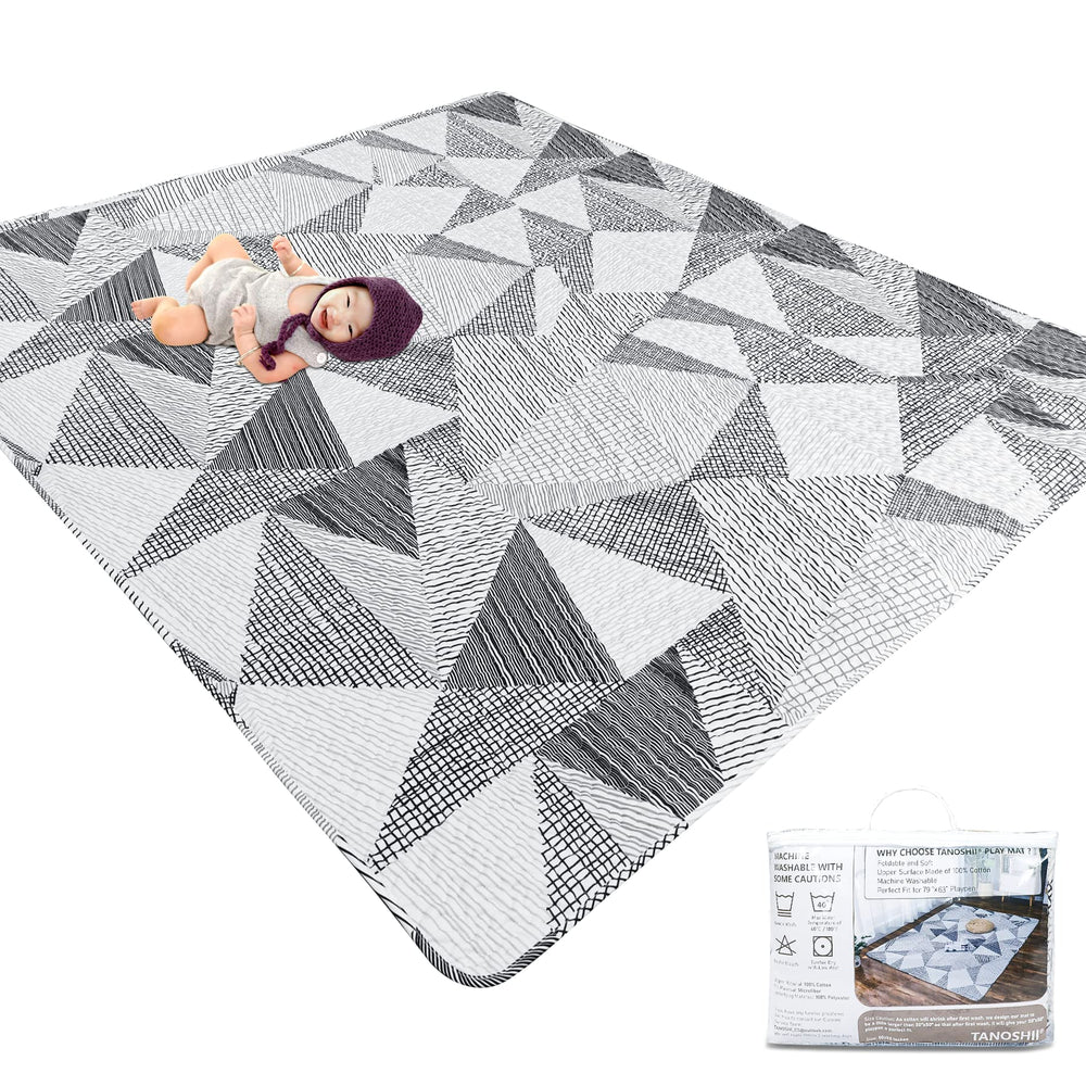 TANOSHII Baby Play Mat stripe pattern covers a large play area for safe supervised play.