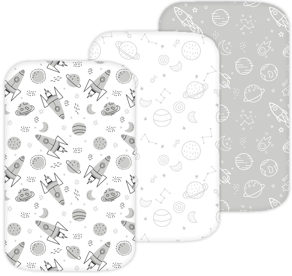 TansyPanda bassinet sheet Space Rockets design, ultra soft and breathable for baby nights.