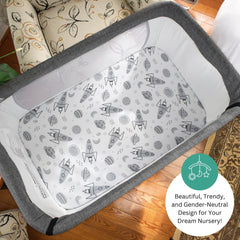 Space Rockets motif fits gray-white nursery, TansyPanda bassinet sheet provides cozy fit.