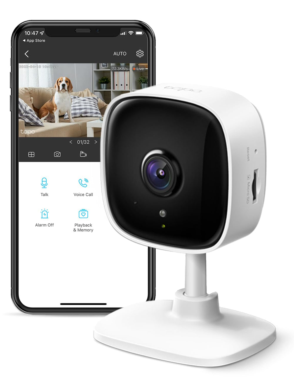 Tapo C100 1080p indoor camera provides clear living room footage for home monitoring.
