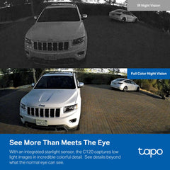 Tapo C120 color night vision delivers bright scenes after dark.