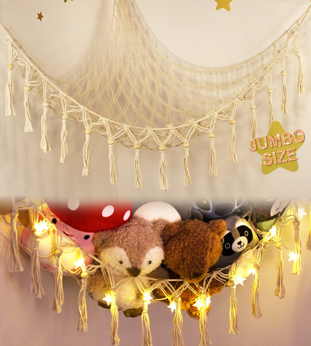 TCGPRO stuffed animal hammock with LED light, top view showing woven macrame for organized play