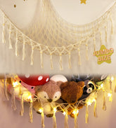 TCGPRO stuffed animal hammock with LED light, top view showing woven macrame for organized play
