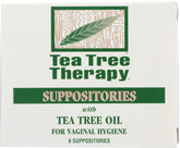 Tea Tree Therapy suppository box front showing branding for vaginal hygiene support.