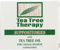 Tea Tree Therapy suppository box front showing branding for vaginal hygiene support.