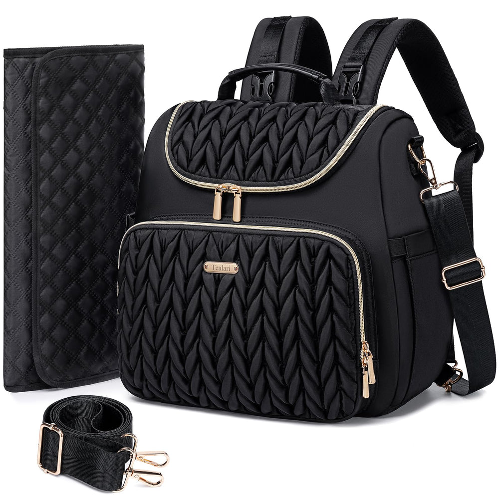 Tealari 4-in-1 diaper bag backpack on model, stylish, versatile everyday parenting solution.