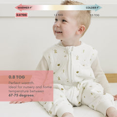 2-way zipper close-up on Tealbee Dreamsuit enables quick diaper changes.