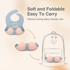 Teasin' Teethers wide food catcher pocket catches spills and protects outfits.