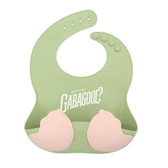 Teasin' Teethers Gabagool Green bib with pocket catching spills during meals