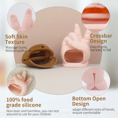 Peace Baby mitten worn on a baby hand for teething relief.