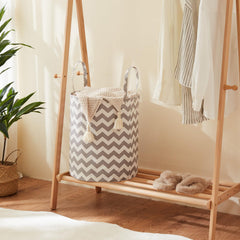 TechMilly grey chevron storage basket adds stylish nursery organization.