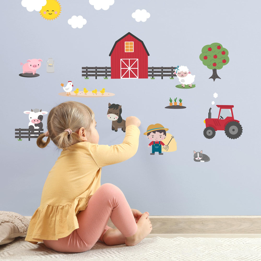 Teddylabels Farm Life red barn decal creates a cozy farm scene in kids' room