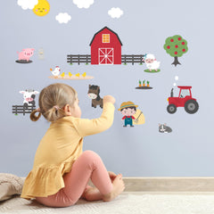 Teddylabels Farm Life red barn decal creates a cozy farm scene in kids' room