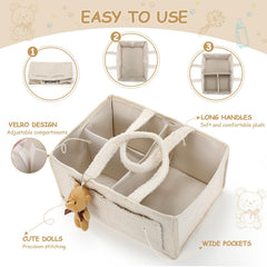 Teenyyou diaper caddy with doll charm adds decorative touch while organizing essentials.