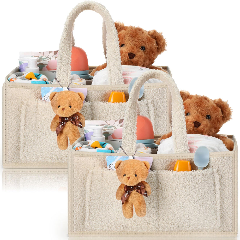 Teenyyou diaper caddy set in beige with plush interior for easy baby item storage.