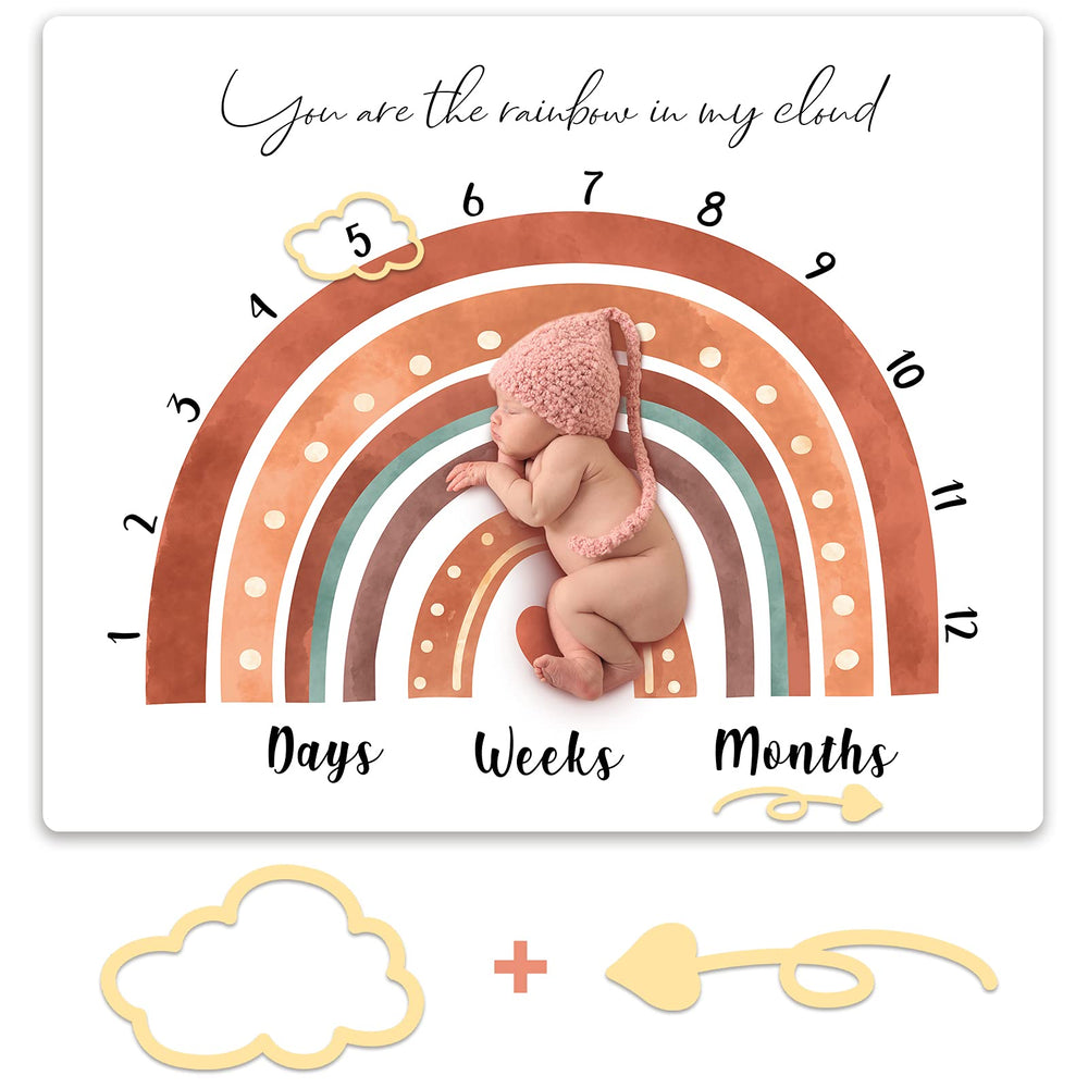 Tegeme Boho Rainbow milestone blanket flatlay creates a soft newborn photo backdrop.