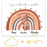 Tegeme Boho Rainbow milestone blanket flatlay creates a soft newborn photo backdrop.