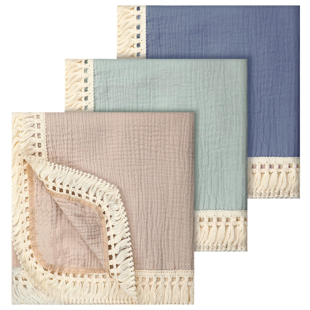 Tegeme muslin blanket set with tassel for soft, breathable baby swaddling