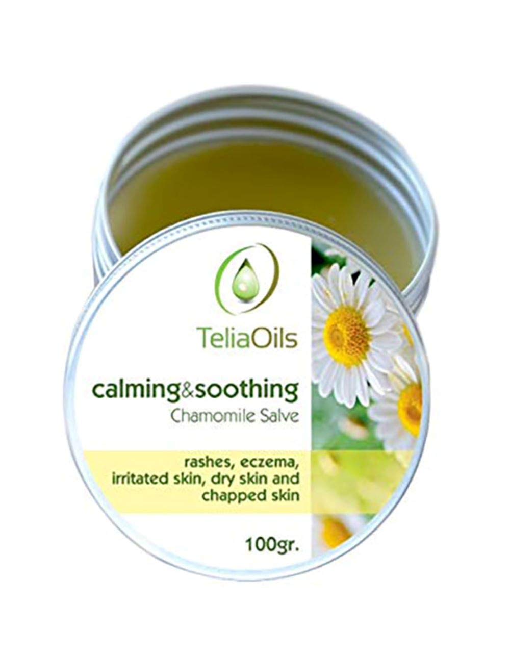 Teliaoils Pure Chamomile Salve jar close-up for soothing dry, irritated skin.