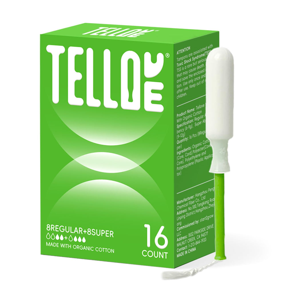 Tellove tampons packaging highlights organic cotton core and fragrance-free design for sensitive skin.
