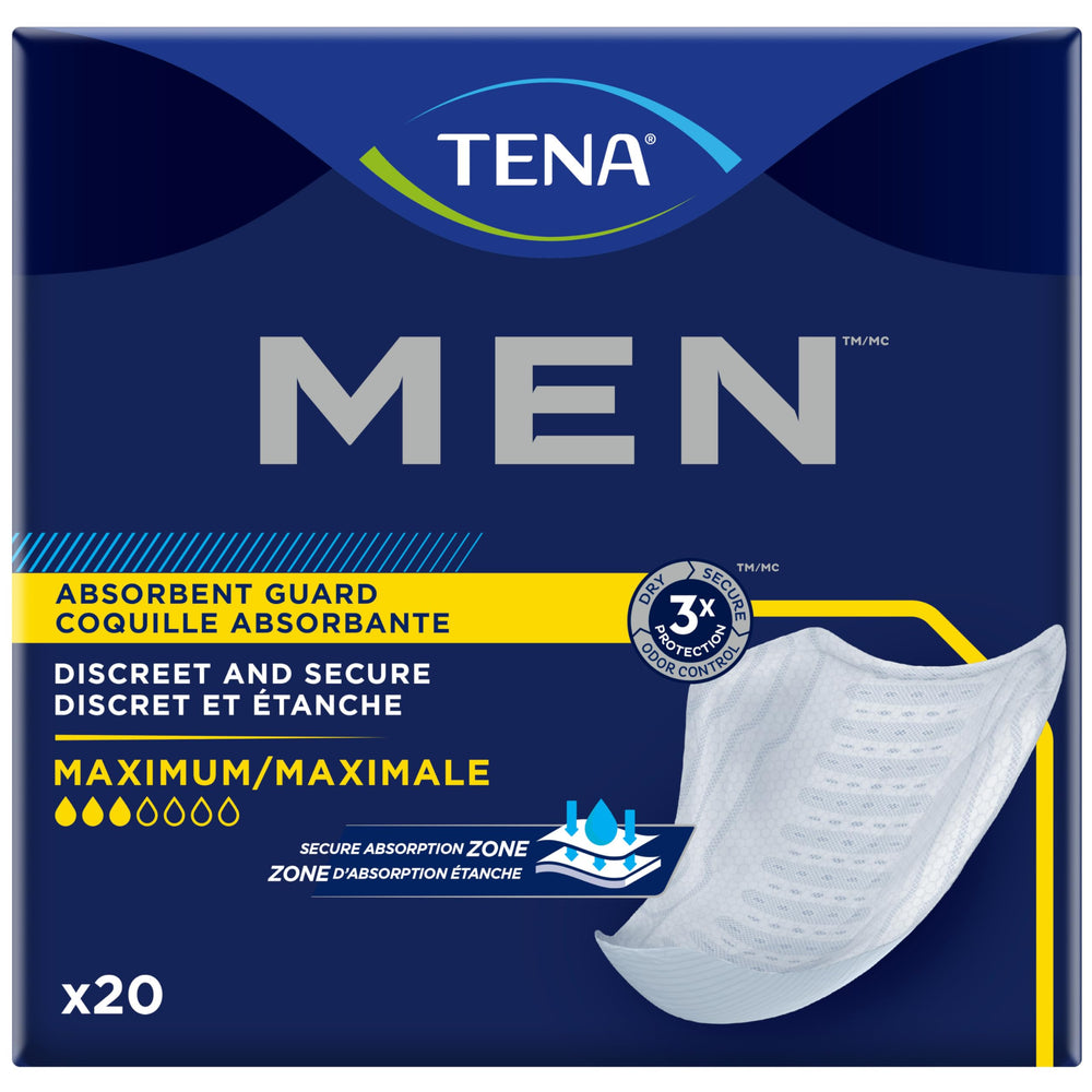 TENA Incontinence Guards for Men, maximum absorbency, showcasing dryness and reliable protection for daily wear.