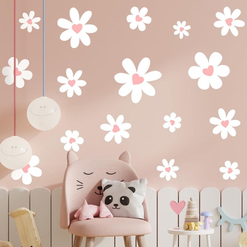 Tenelat Daisy Wall Decals with white daisies and pink hearts for charming walls.
