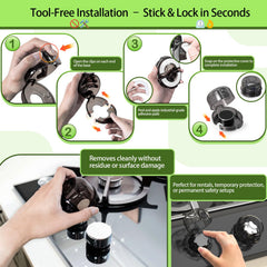 TENGYYY stove knob safety covers installation step highlighting tool-free setup.