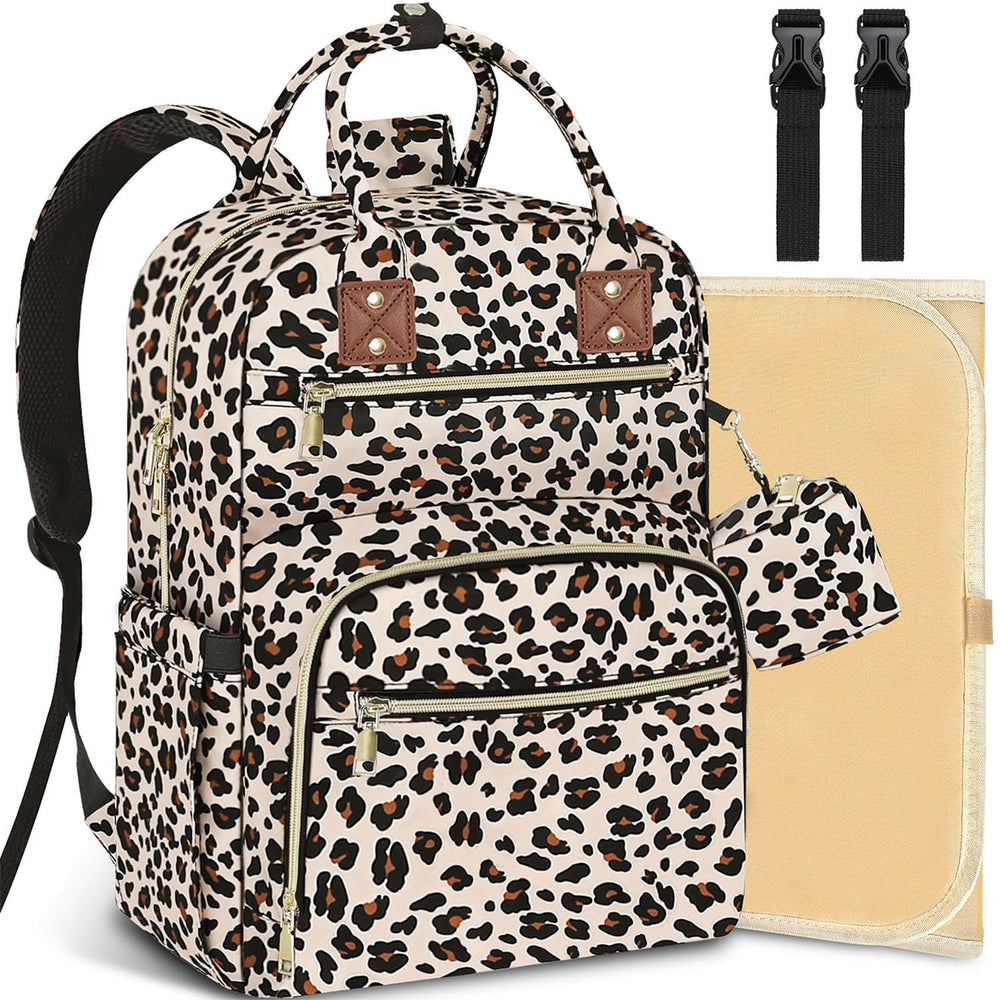 Tenot leopard-print diaper bag backpack for stylish on-the-go parenting.