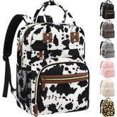 Tenot diaper bag cow print front view showing large main compartment.