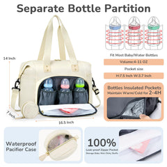 Tenot tote shows insulated bottle pockets for warm or cold feeds.