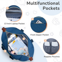 Tenot diaper bag tote includes pram clip for hands-free strolling.