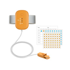 TENQIU bed-wetting alarm for kids on nightstand with orange housing