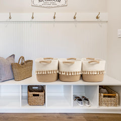 TeoKJ boho storage bins white and jute ideal for closet organization