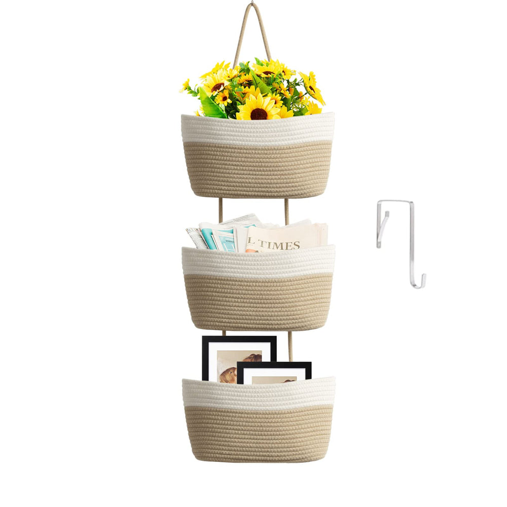 TeoKJ 3-tier white and jute hanging basket over door ideal for storage