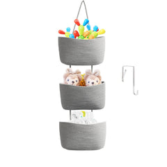 TeoKJ over-the-door organizer three-tier baskets closeup shows sturdy cotton weave for reliable storage.