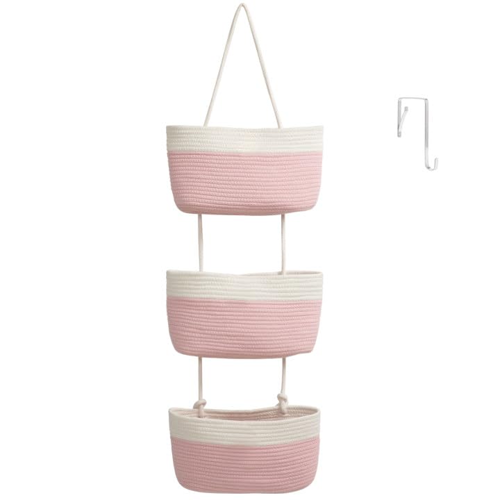 TeoKJ over-the-door organizer in pink and white offers space-saving 3-tier storage.