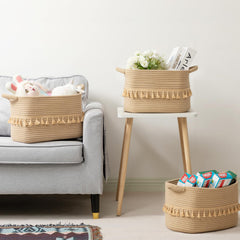 TeoKJ storage basket tassel detail adds decorative charm while concealing essentials.
