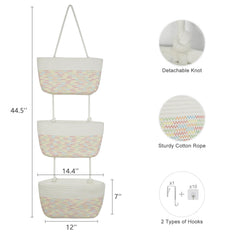 TeoKJ white baskets with rainbow stitching organize toys in a nursery.