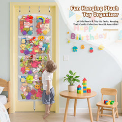 Teoon toy organizer hanging mesh net neatly contains plush toys.