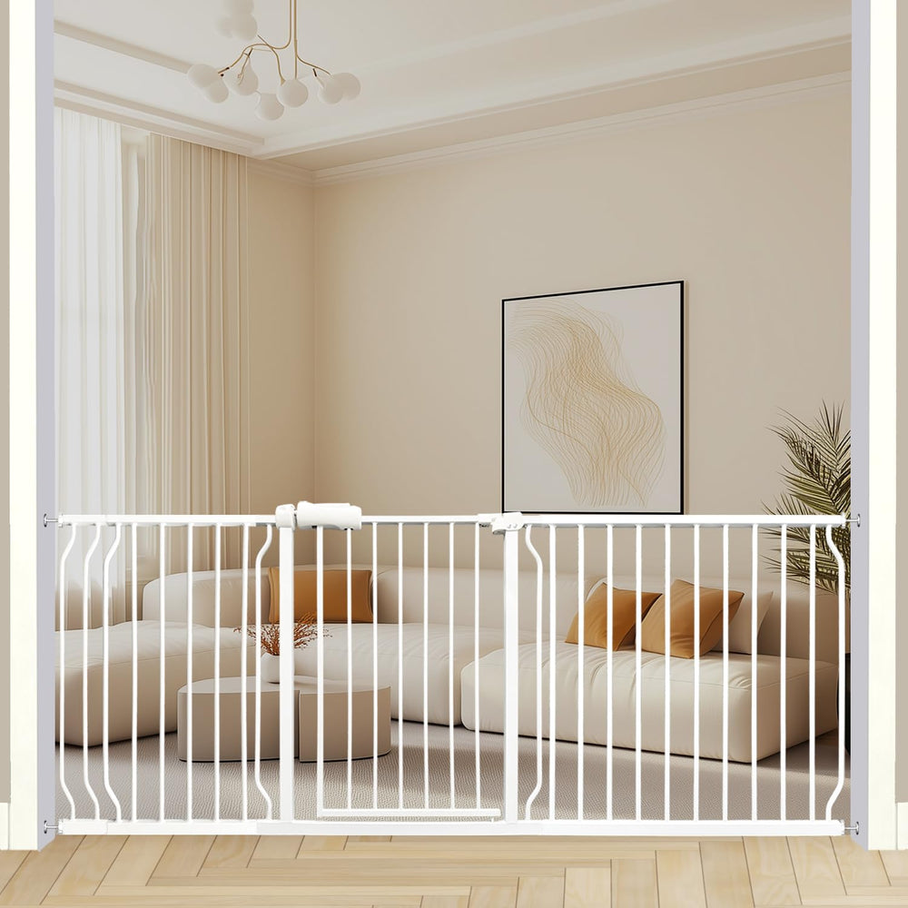 Thasamm heavy duty safety gate at wide entry for one-handed baby passage.