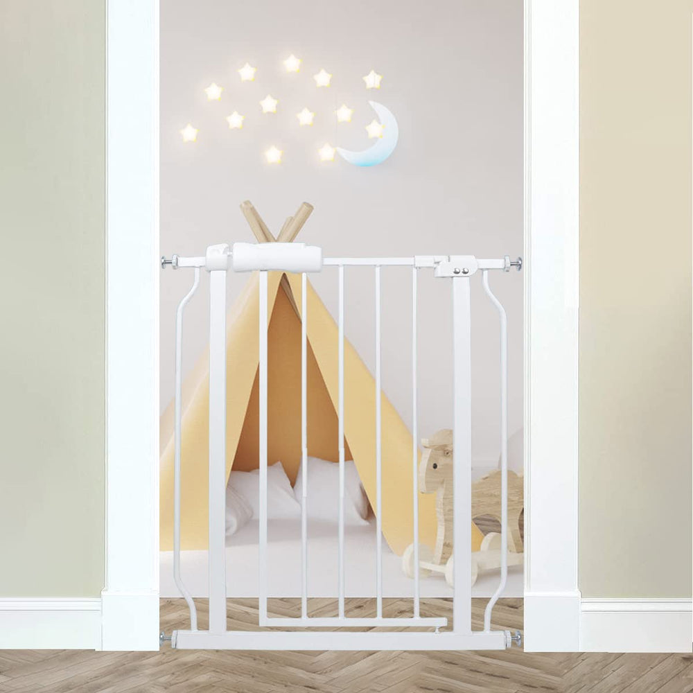 Thasamm narrow baby gate adjusting width for stairs and doorways, easy one-handed use.