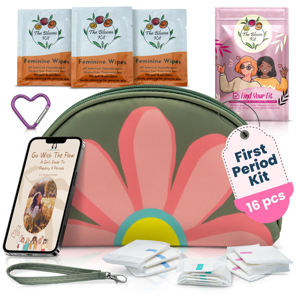 The Bloom first period kit pouch closed shows discreet organization for school use