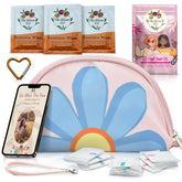 The Bloom pink bag with the first-period kit for portable school-ready storage