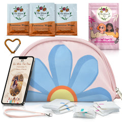 The Bloom pink bag with the first-period kit for portable school-ready storage
