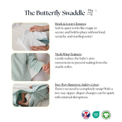 The Butterfly Swaddle two-way zipper allows easy diaper changes without waking baby.