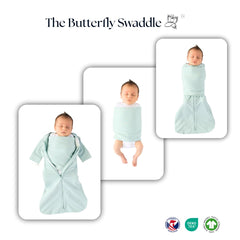 The Butterfly Swaddle two-way-zipper allows gentle diaper changes without waking baby